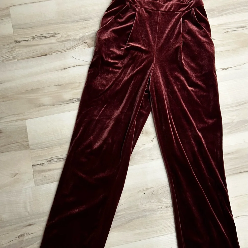 Wine Red Velvet Jumpsuit Strapless Wide Leg Formal Holiday Cocktail Outfit - Picture 9 of 11